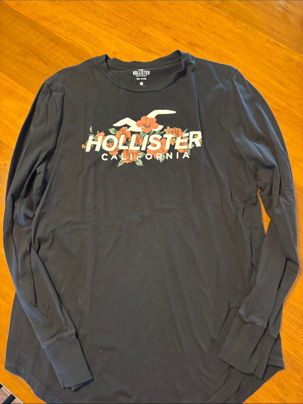 Hollister Black Long Sleeve Tee with Floral Logo